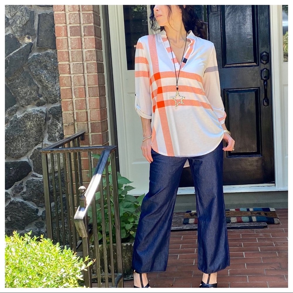 Beige inspired plaid rolled sleeves tunic top - Picture 6 of 16
